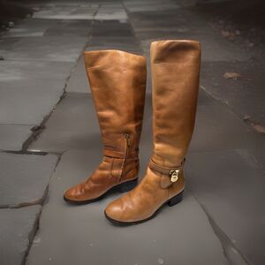 MICHAEL KORS sz 8 Camel Brown Leather Mid-Calf Leather Riding Boots MK charm